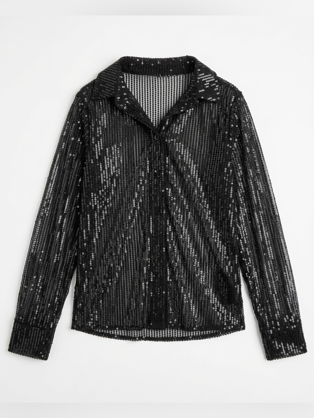 Sheer Black Sequin Button-Up Shirt